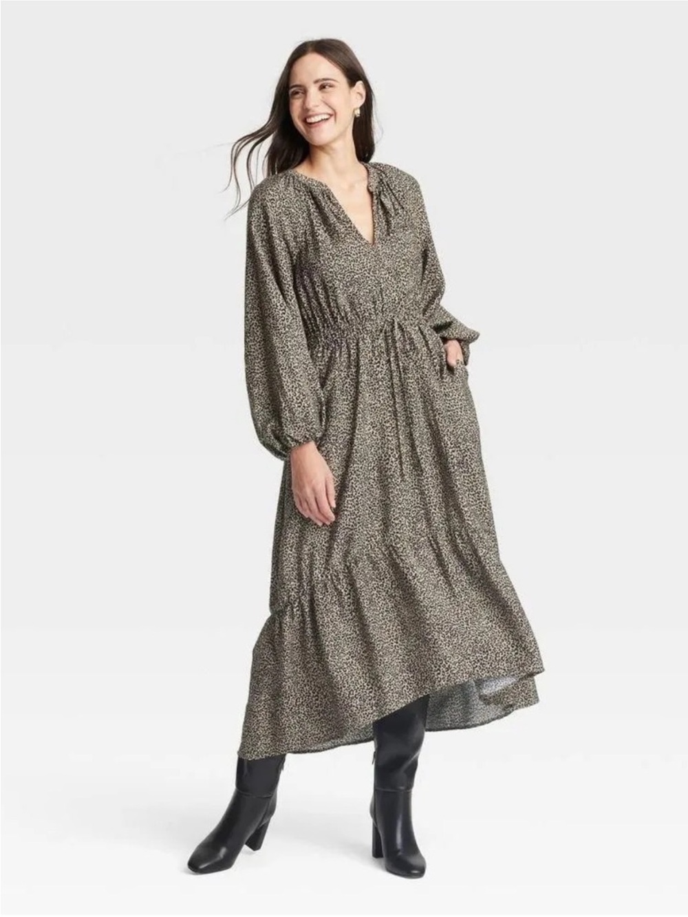 a new day Women's Long Sleeve Tiered Maxi Dress in Leopard Print NWT L